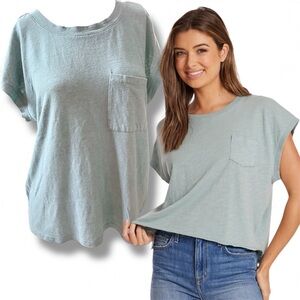 Thread & Supply Linen Blend Dolman Short Sleeve Pocket Tee size L Aqua Teal